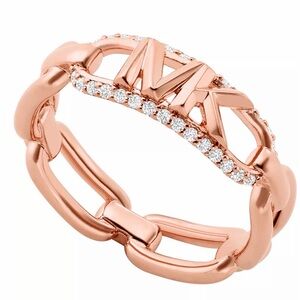 Michael Kors 14K Rose Gold Plated Sterling Silver Pave Empire Link Chain Ring s5